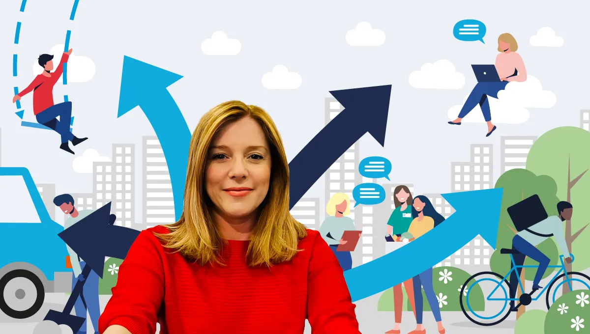 Celero Cloud GmbH – selbstbewusste Frau mit Illustration im Hintergrund